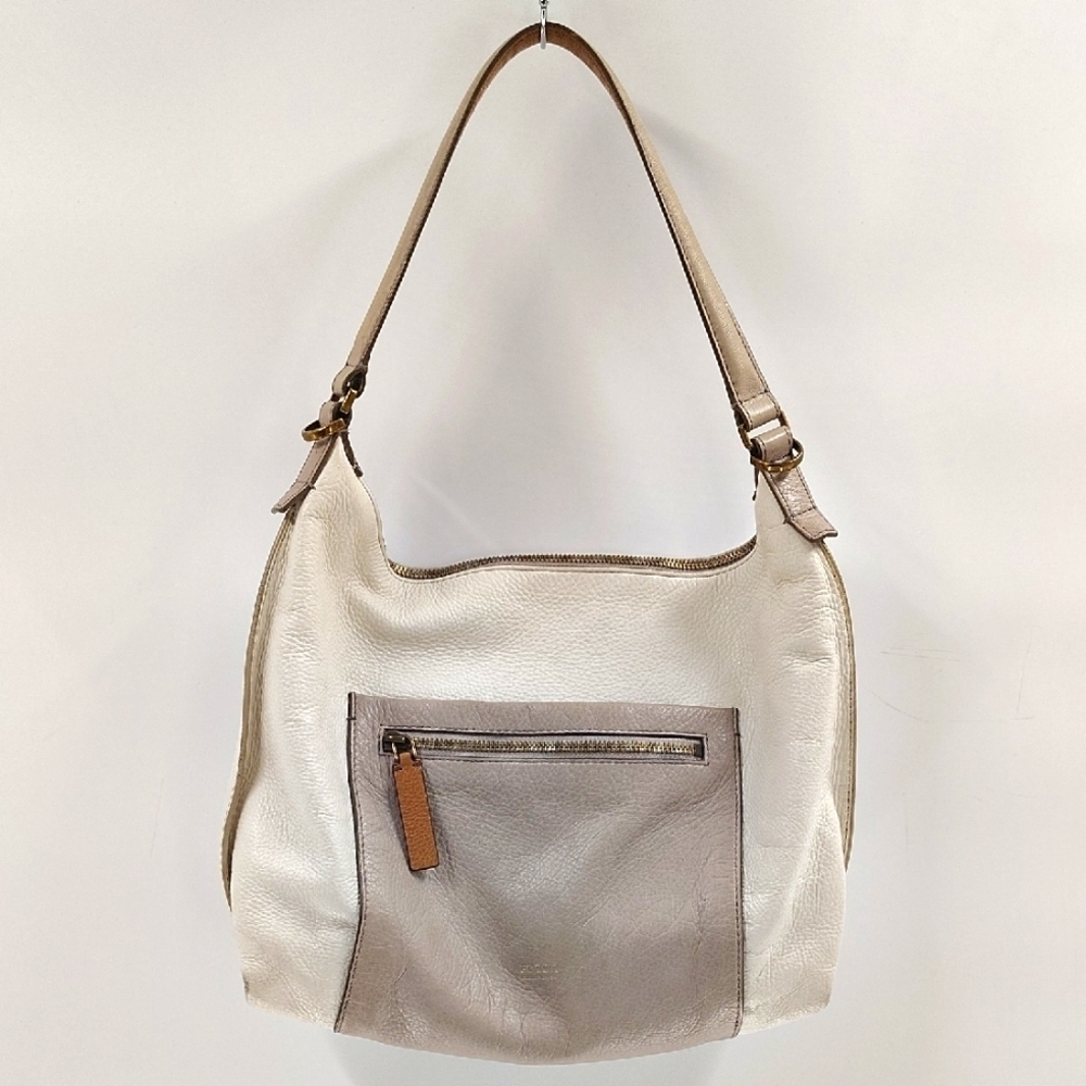 Fossil White Ivory Leather Hobo Bag Zip Beige Pocket Front Zip Top Shoulder Bag